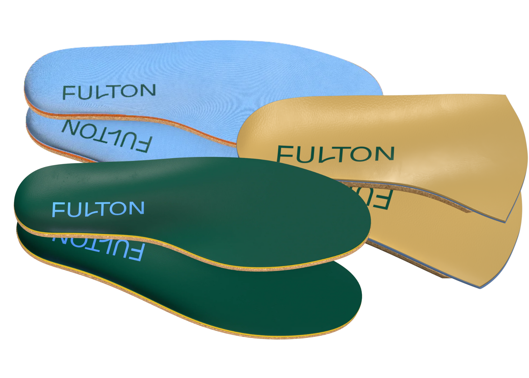 Three pairs of cork insoles, green, beige, and blue