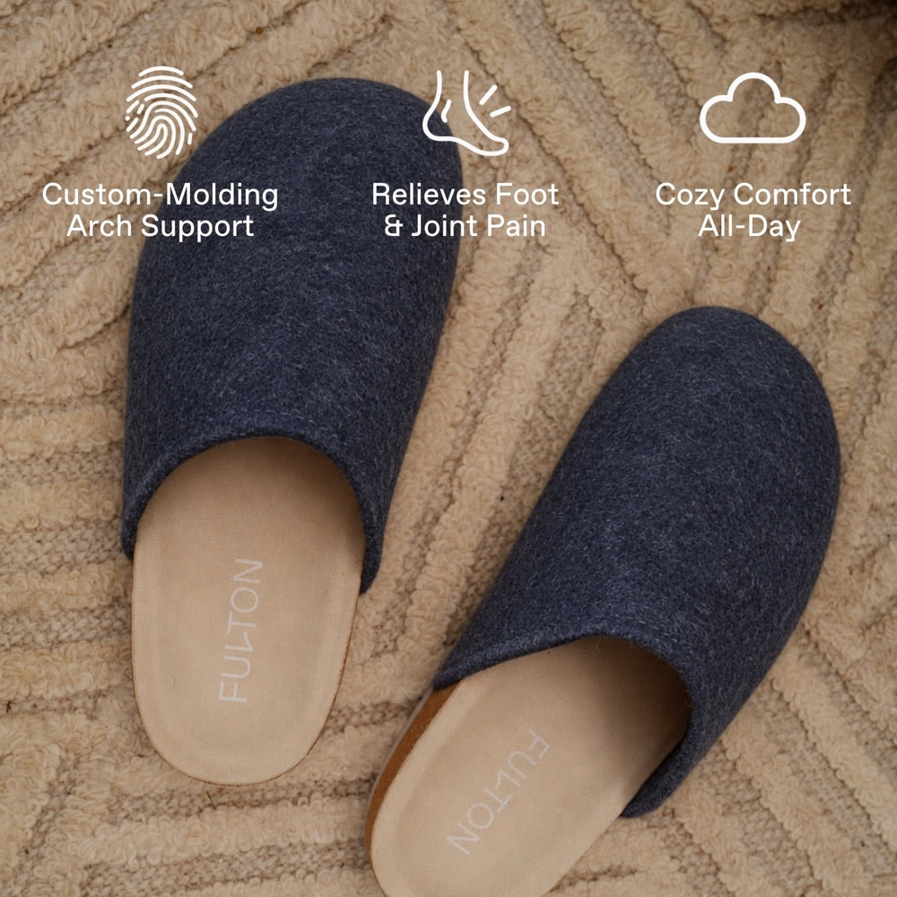 Slate blue Fulton House Shoes showing custom-molding arch support and cozy comfort